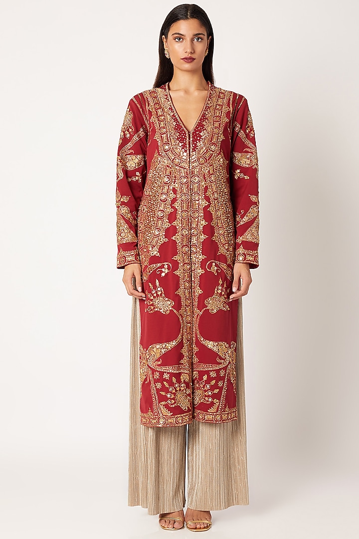 Red & Golden Embroidered Jacket With Pants by Neeta Lulla