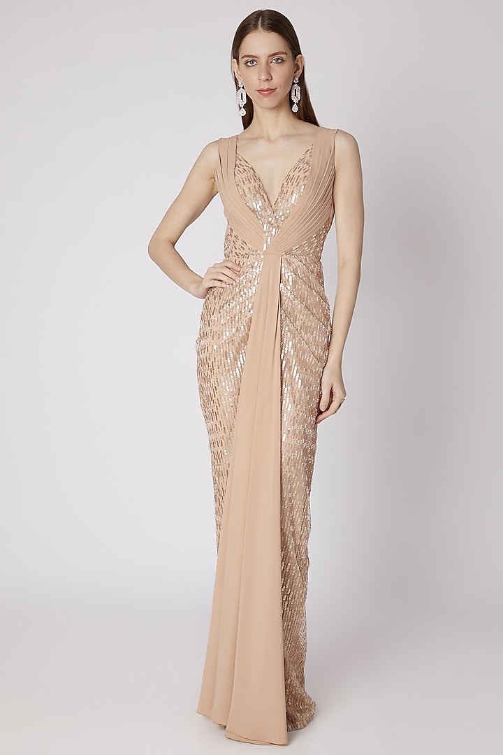 Nude Embroidered Sleeveless Gown by Neeta Lulla