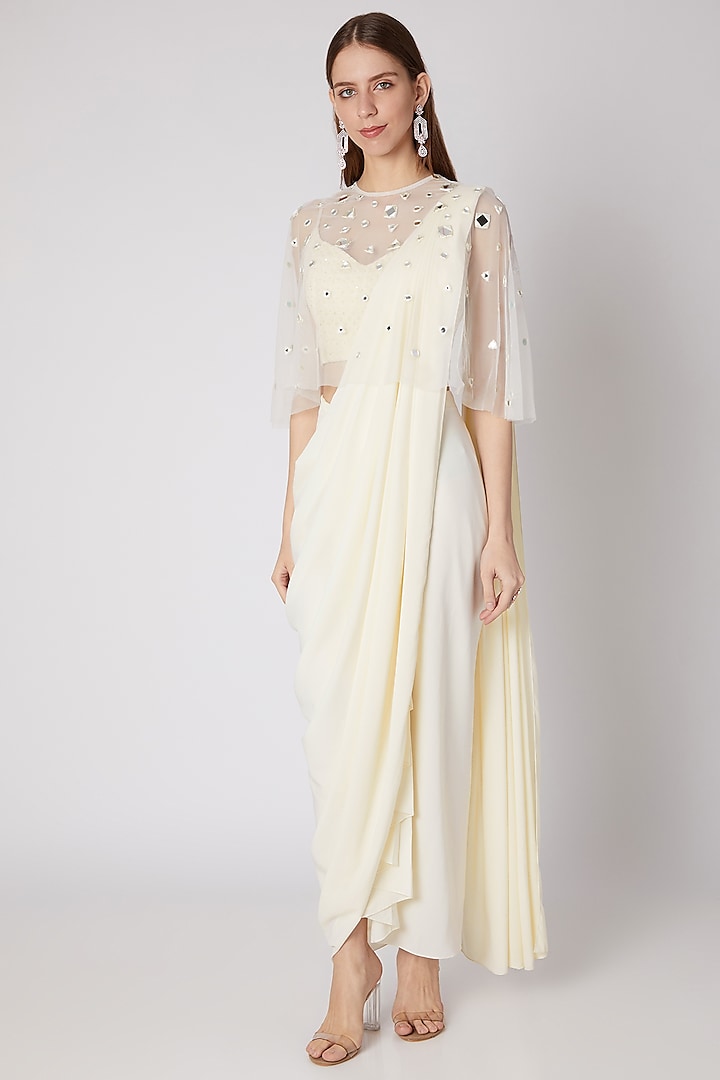 Off White Embroidered Dhoti Saree Set With Cape by Neeta Lulla
