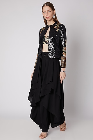 Black Embroidered Jacket & Bustier Set by Neeta Lulla