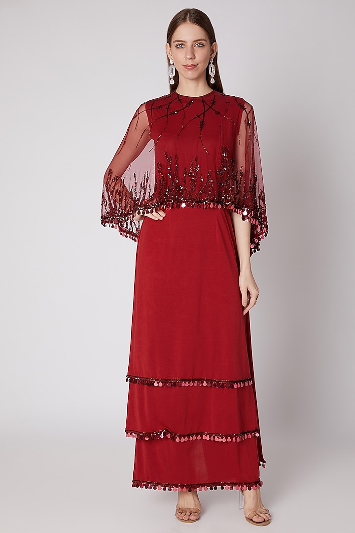 Red Embroidered Saree Gown by Neeta Lulla