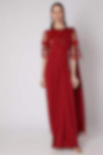 Red Sequins Embroidered Saree Gown by Neeta Lulla