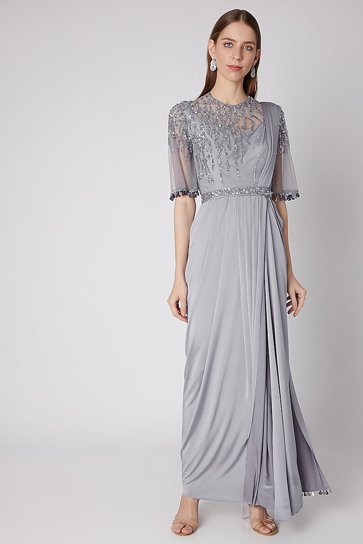 Grey Embroidered Saree Gown With Belt by Neeta Lulla