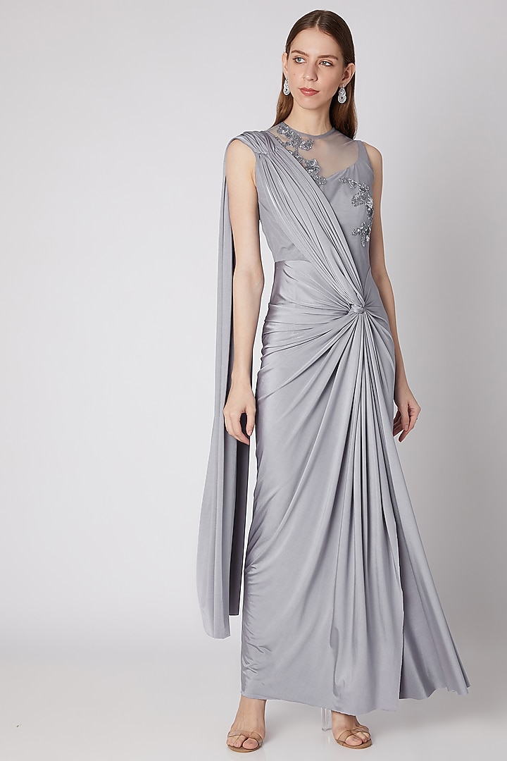 Grey Embroidered Saree Gown by Neeta Lulla