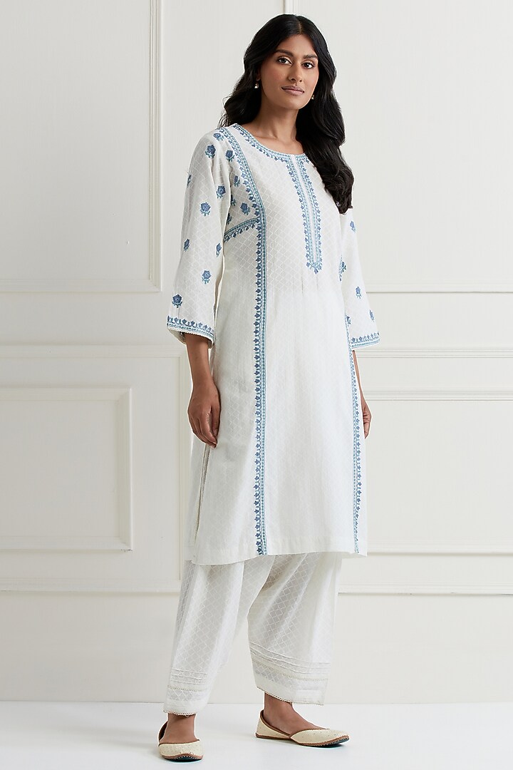 Off-White Cotton Dobby Embroidered Kurta Set by Nemaani at Pernia's Pop Up Shop