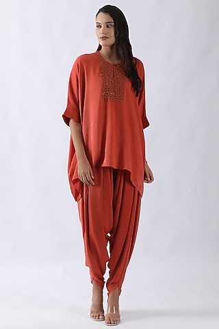 Rust Orange Sandwash Satin Dhoti Set by Nemaani