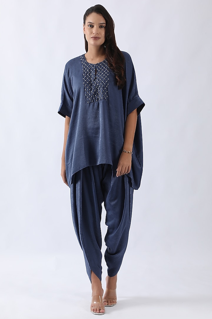 Blue Sandwash Satin Dhoti Set by Nemaani at Pernia's Pop Up Shop