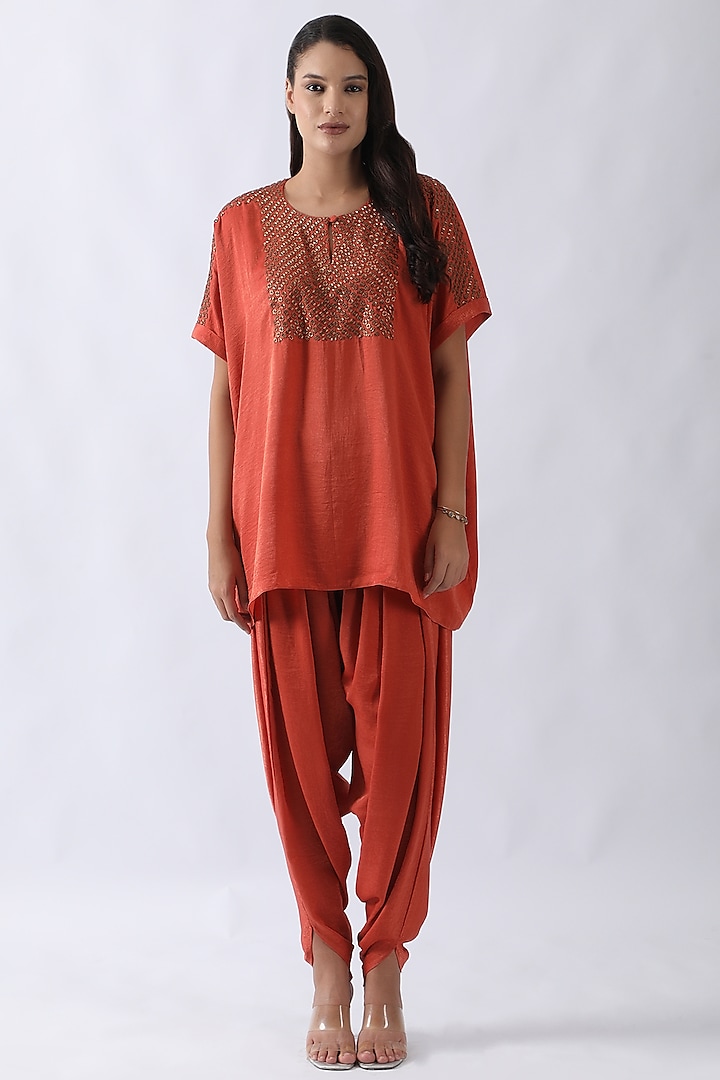 Rust Orange Sandwash Satin Dhoti Set by Nemaani at Pernia's Pop Up Shop