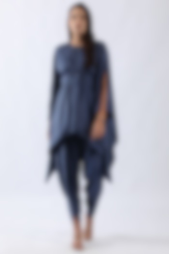 Blue Sandwash Satin Nalki & Moti Embroidered Kaftan Set by Nemaani at Pernia's Pop Up Shop