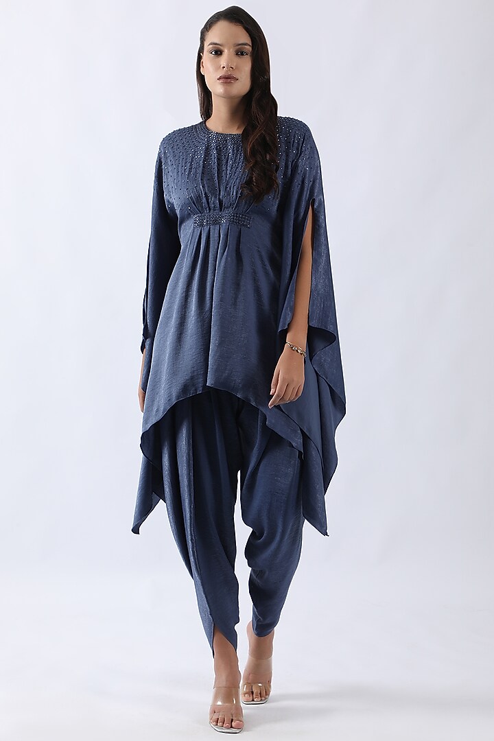 Blue Sandwash Satin Nalki & Moti Embroidered Kaftan Set by Nemaani at Pernia's Pop Up Shop