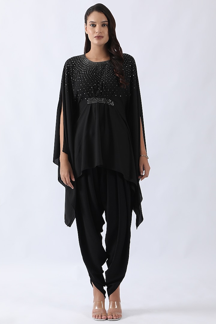 Black Double Georgette Nalki & Moti Embroidered Kaftan Set by Nemaani at Pernia's Pop Up Shop