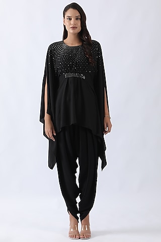 Black Double Georgette Nalki & Moti Embroidered Kaftan Set by Nemaani