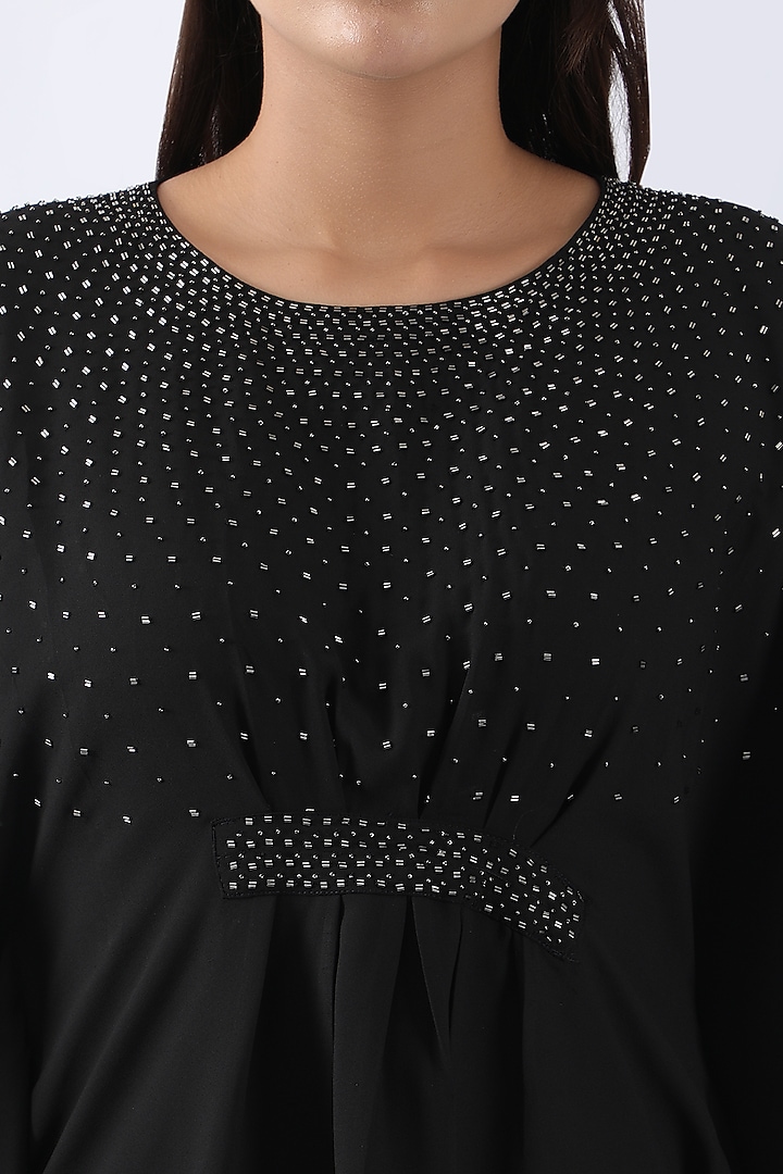 Black Double Georgette Nalki & Moti Embroidered Kaftan Set by Nemaani at Pernia's Pop Up Shop