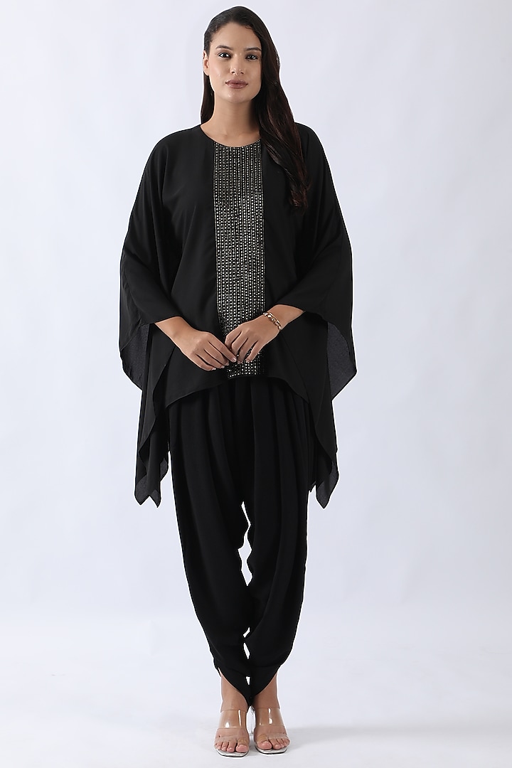 Black Sandwash Satin Nalki & Moti Embroidered Kaftan Set by Nemaani at Pernia's Pop Up Shop