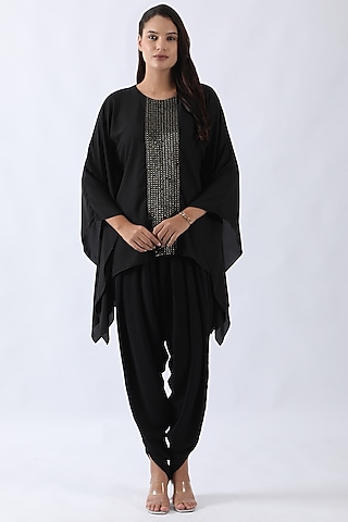 Black Sandwash Satin Nalki & Moti Embroidered Kaftan Set by Nemaani