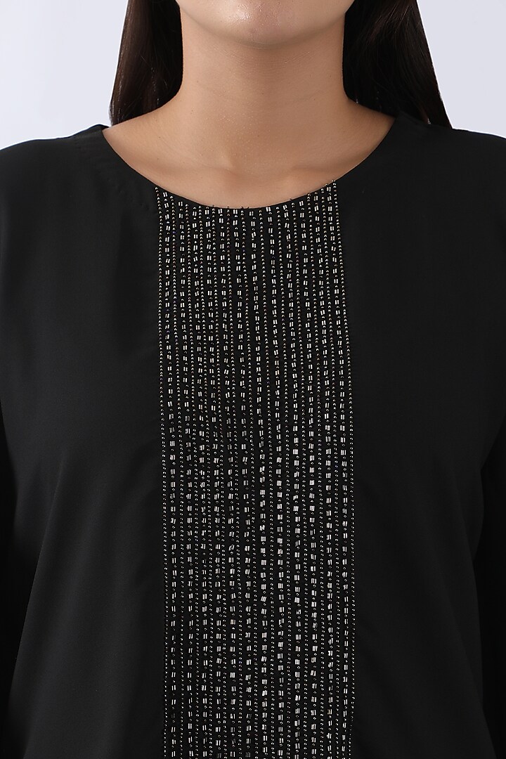 Black Sandwash Satin Nalki & Moti Embroidered Kaftan Set by Nemaani at Pernia's Pop Up Shop