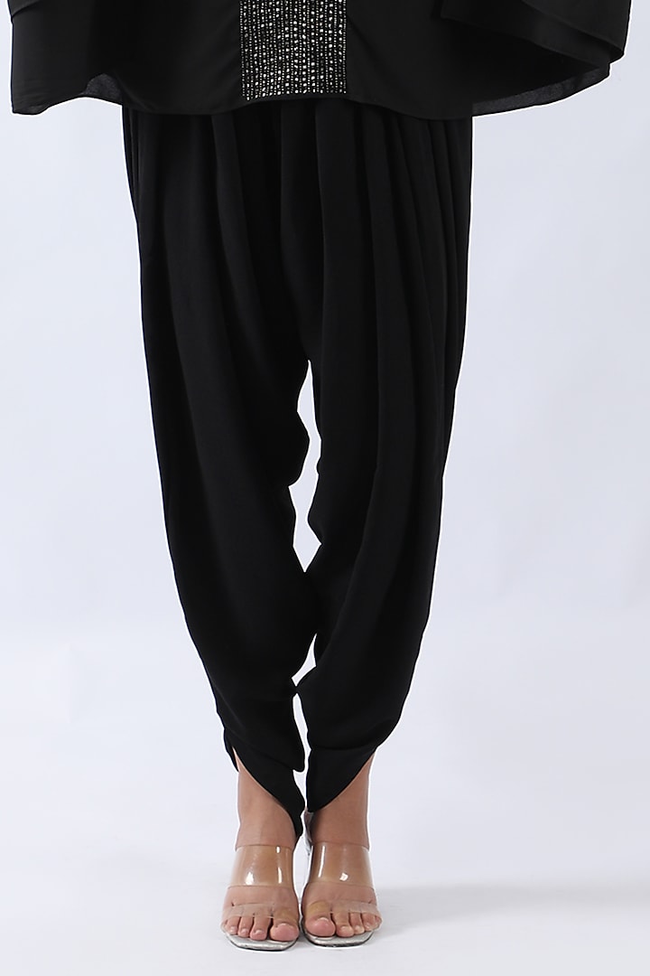 Black Sandwash Satin Nalki & Moti Embroidered Kaftan Set by Nemaani at Pernia's Pop Up Shop