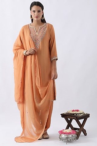 Tangerine Orange Bemberg Silk Dori & Thread Embroidered Kurta Set by Nemaani