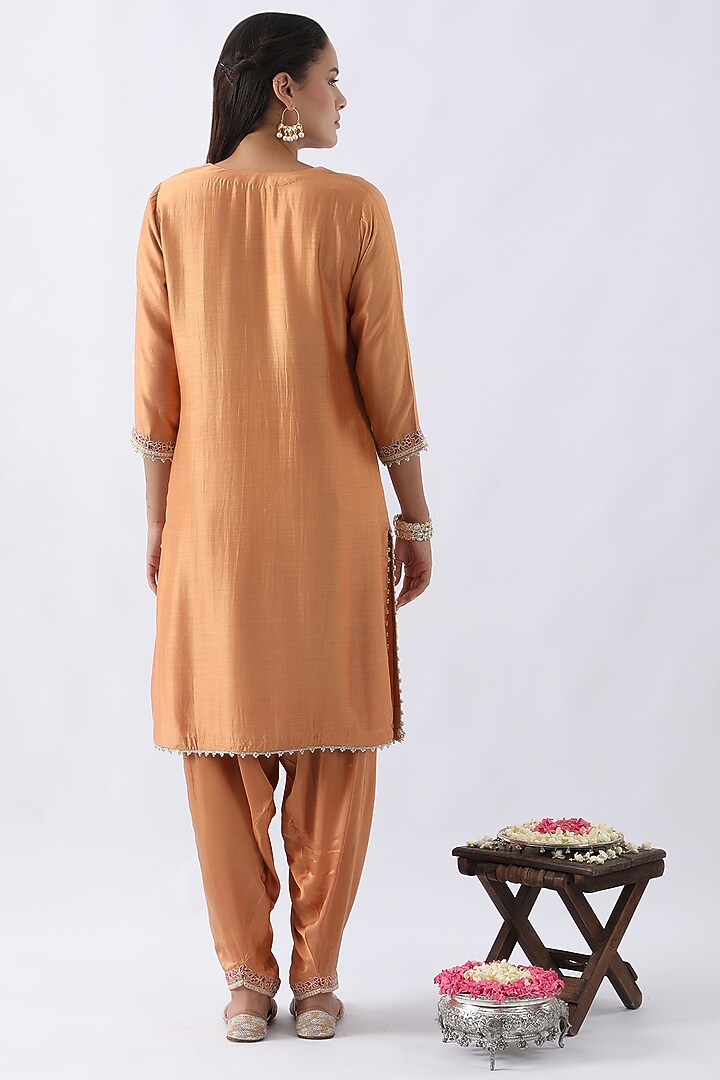 Tangerine Orange Bemberg Silk Dori & Thread Embroidered Kurta Set by Nemaani at Pernia's Pop Up Shop