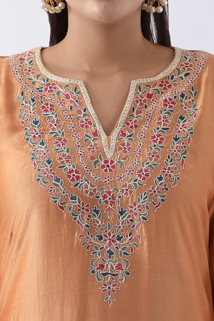 Tangerine Orange Bemberg Silk Dori & Thread Embroidered Kurta Set by Nemaani at Pernia's Pop Up Shop
