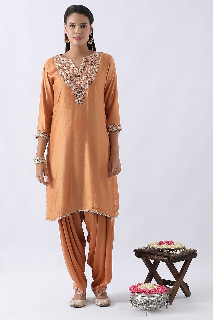 Tangerine Orange Bemberg Silk Dori & Thread Embroidered Kurta Set by Nemaani at Pernia's Pop Up Shop