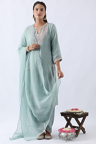 Ice Blue Bemberg Silk Dori & Thread Embroidered Kurta Set by Nemaani