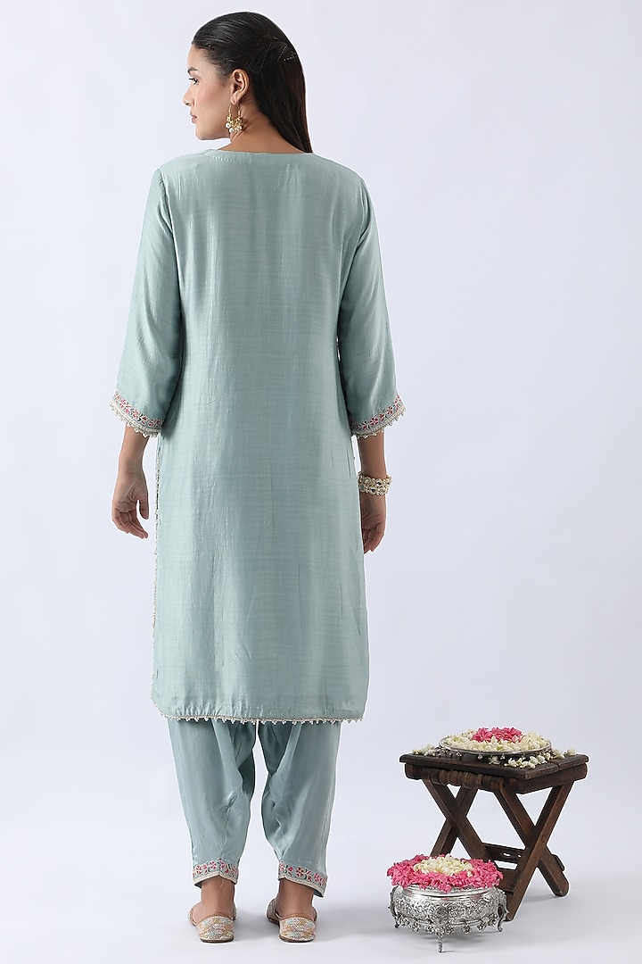 Ice Blue Bemberg Silk Dori & Thread Embroidered Kurta Set by Nemaani at Pernia's Pop Up Shop