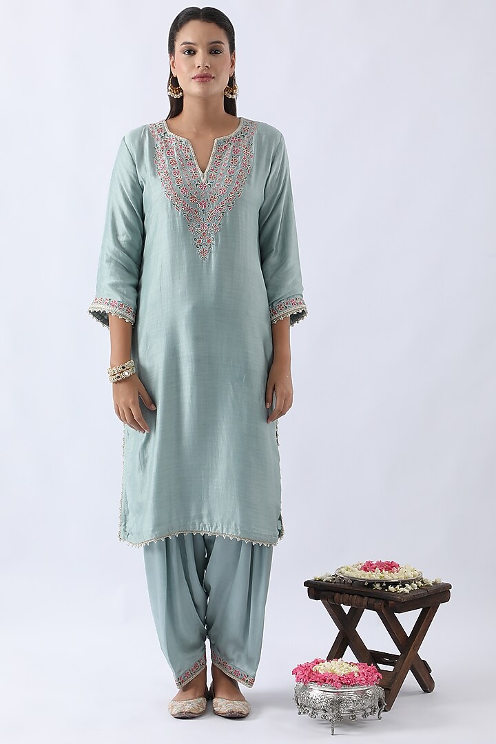 Ice Blue Bemberg Silk Dori & Thread Embroidered Kurta Set by Nemaani at Pernia's Pop Up Shop