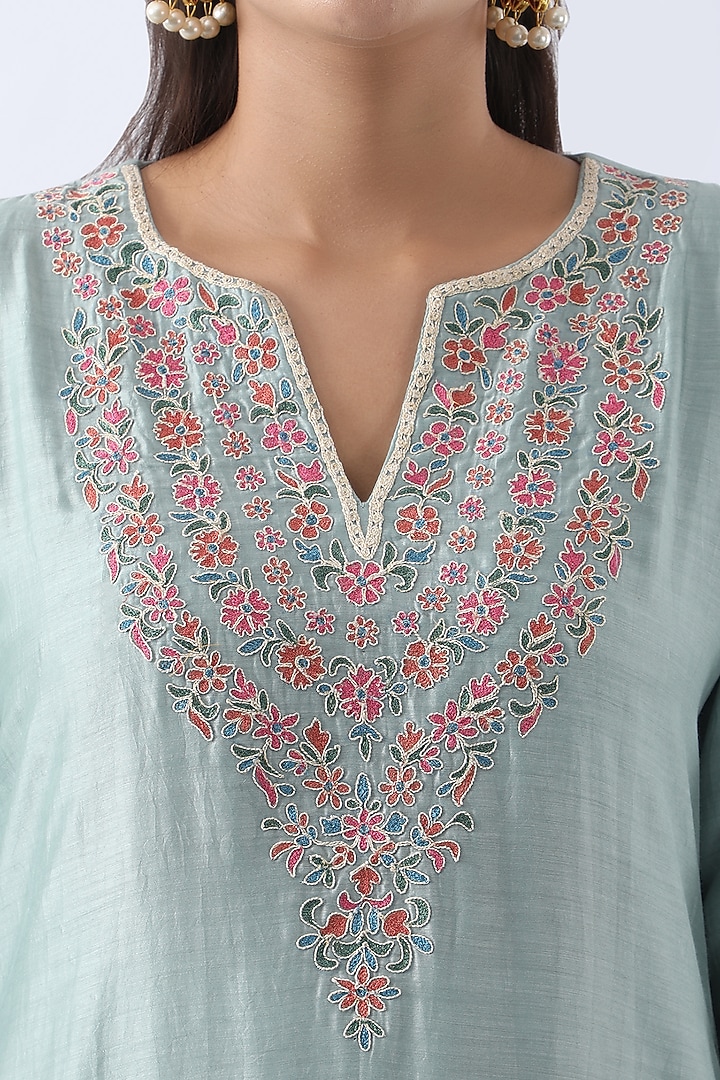 Ice Blue Bemberg Silk Dori & Thread Embroidered Kurta Set by Nemaani at Pernia's Pop Up Shop