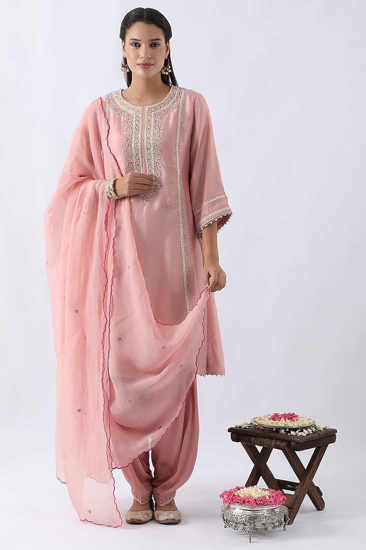 Blush Pink Bemberg Silk Dori & Thread Embroidered A-Line Kurta Set by Nemaani