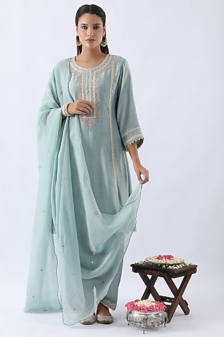 Ice Blue Bemberg Silk Dori & Thread Embroidered A-Line Kurta Set by Nemaani