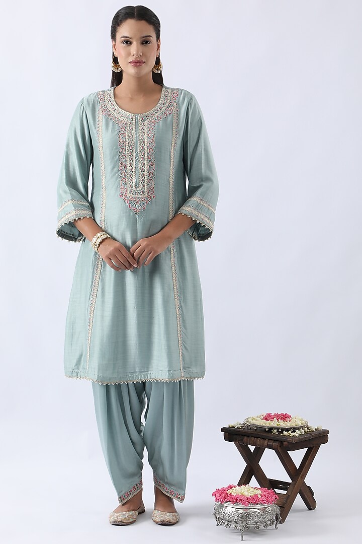 Ice Blue Bemberg Silk Dori & Thread Embroidered A-Line Kurta Set by Nemaani at Pernia's Pop Up Shop