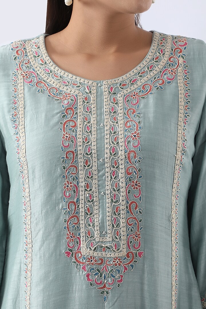 Ice Blue Bemberg Silk Dori & Thread Embroidered A-Line Kurta Set by Nemaani at Pernia's Pop Up Shop