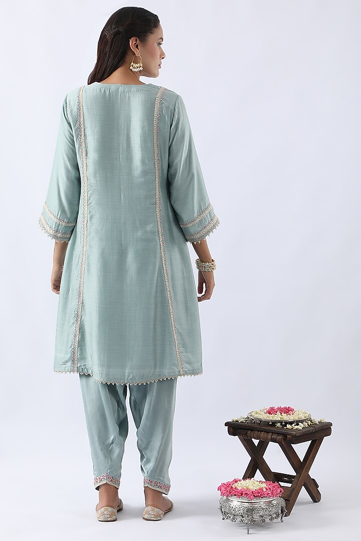 Ice Blue Bemberg Silk Dori & Thread Embroidered A-Line Kurta Set by Nemaani at Pernia's Pop Up Shop