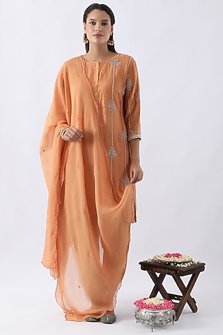 Tangerine Orange Bemberg Silk Dori & Thread Embroidered Kurta Set by Nemaani