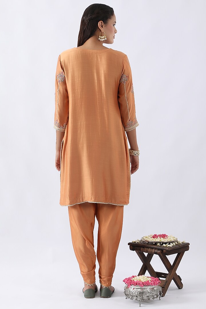 Tangerine Orange Bemberg Silk Dori & Thread Embroidered Kurta Set by Nemaani at Pernia's Pop Up Shop
