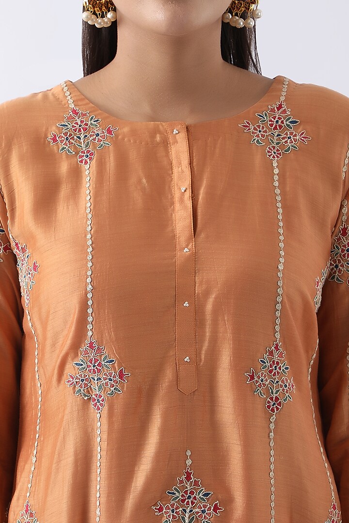 Tangerine Orange Bemberg Silk Dori & Thread Embroidered Kurta Set by Nemaani at Pernia's Pop Up Shop