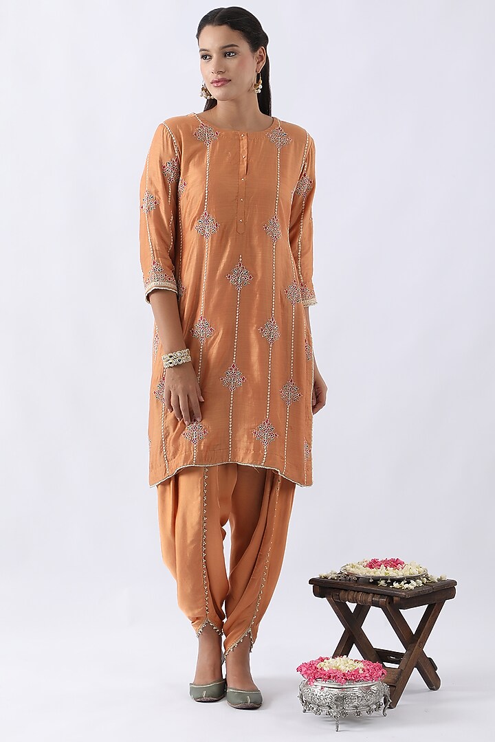 Tangerine Orange Bemberg Silk Dori & Thread Embroidered Kurta Set by Nemaani at Pernia's Pop Up Shop