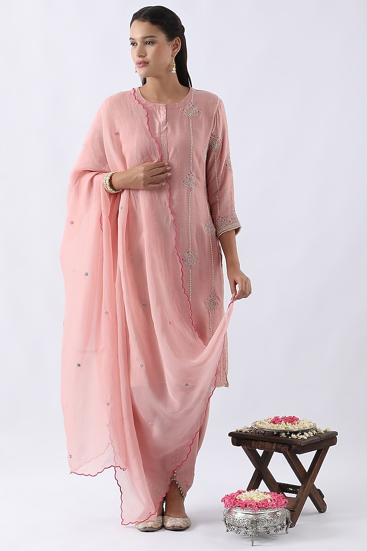 Blush Pink Bemberg Silk Dori & Thread Embroidered Kurta Set by Nemaani