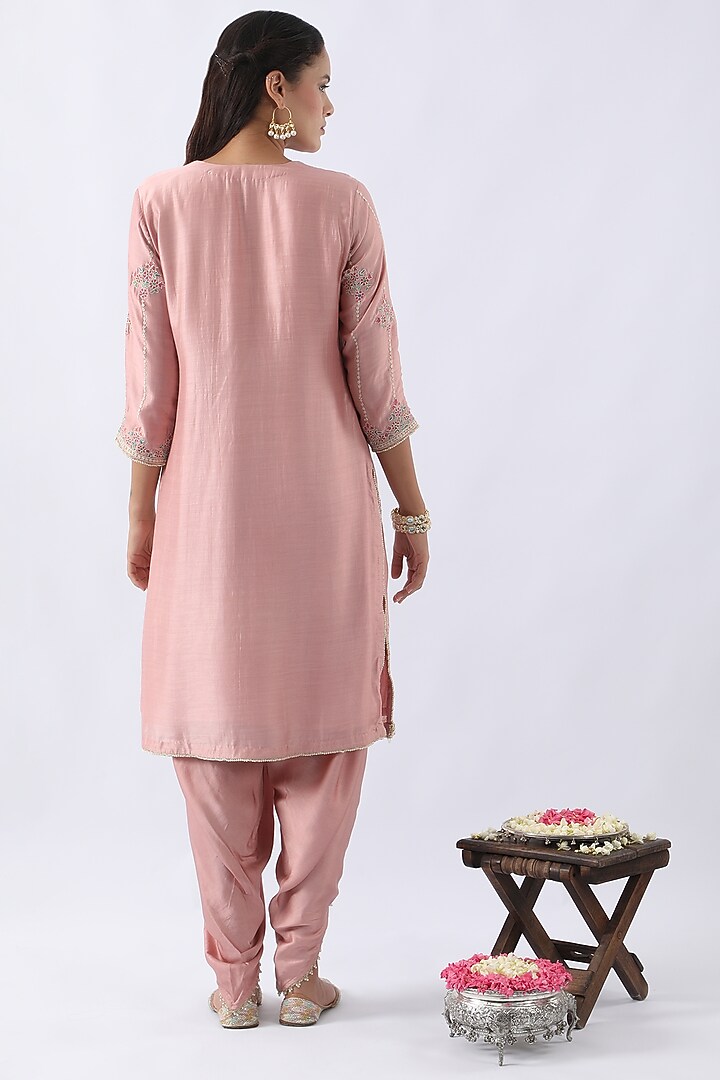 Blush Pink Bemberg Silk Dori & Thread Embroidered Kurta Set by Nemaani at Pernia's Pop Up Shop