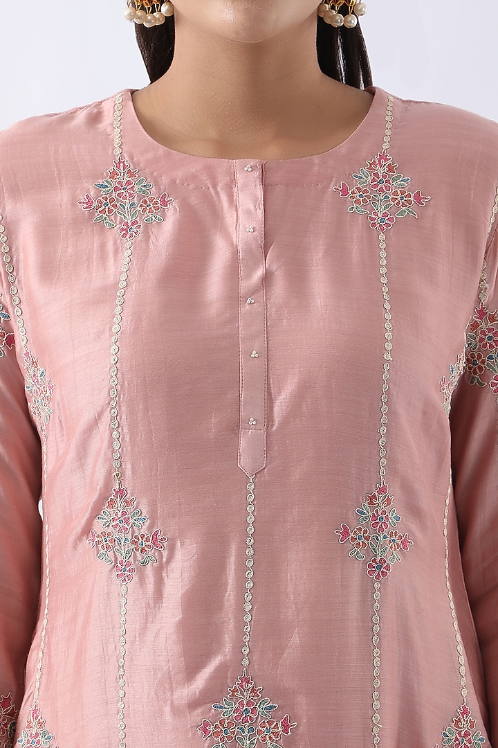 Blush Pink Bemberg Silk Dori & Thread Embroidered Kurta Set by Nemaani at Pernia's Pop Up Shop