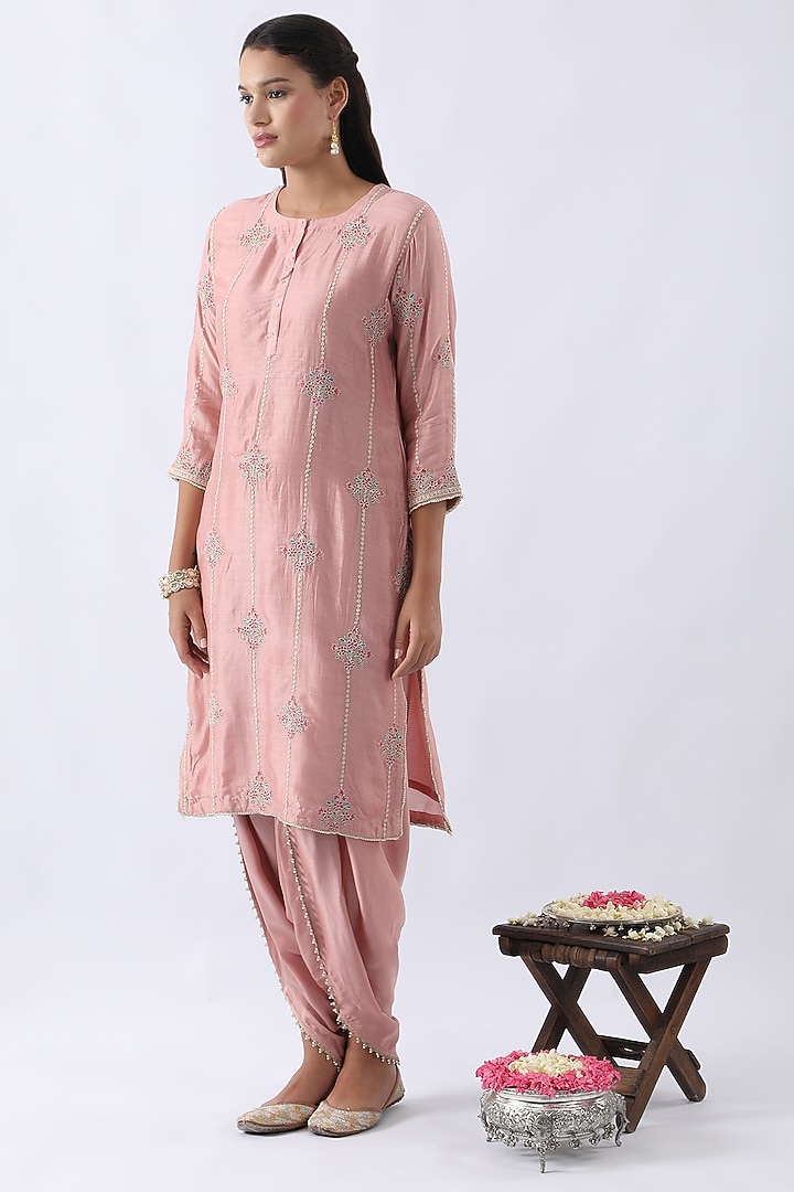 Blush Pink Bemberg Silk Dori & Thread Embroidered Kurta Set by Nemaani at Pernia's Pop Up Shop
