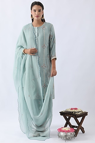 Ice Blue Bemberg Silk Dori & Thread Embroidered Kurta Set by Nemaani