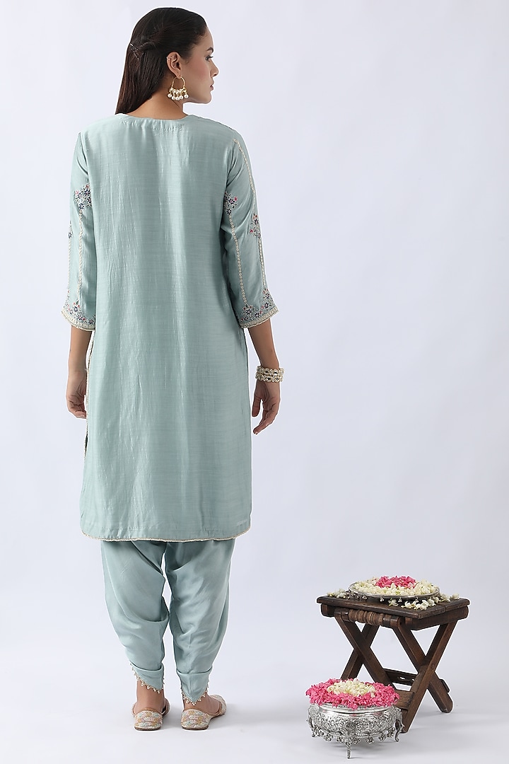 Ice Blue Bemberg Silk Dori & Thread Embroidered Kurta Set by Nemaani at Pernia's Pop Up Shop