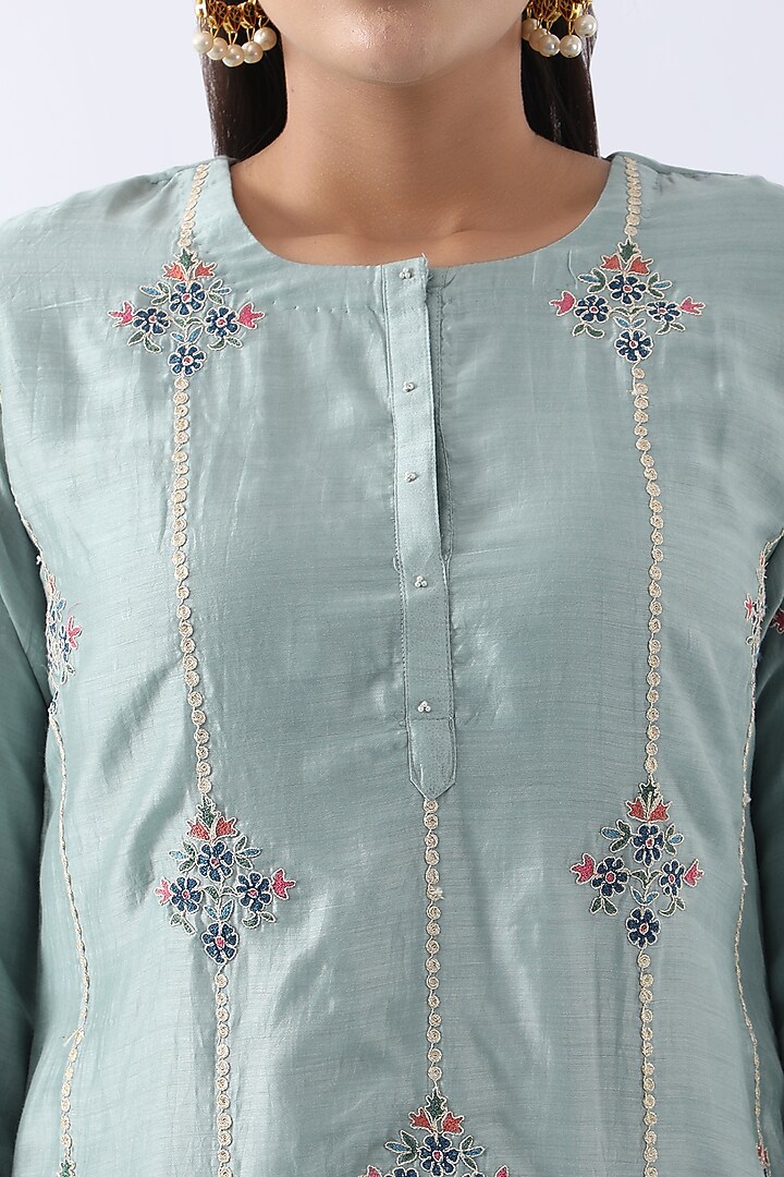 Ice Blue Bemberg Silk Dori & Thread Embroidered Kurta Set by Nemaani at Pernia's Pop Up Shop