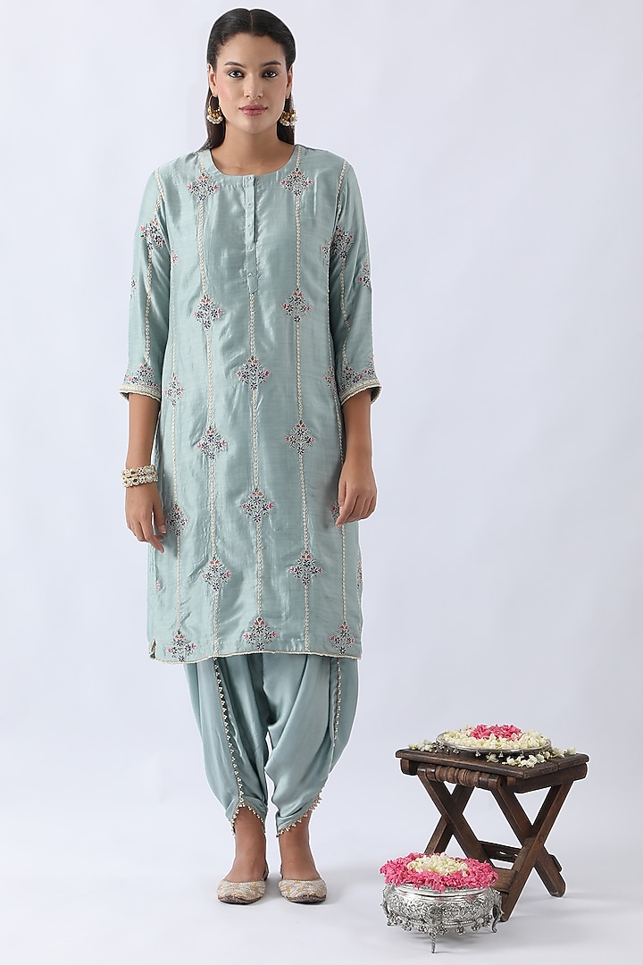 Ice Blue Bemberg Silk Dori & Thread Embroidered Kurta Set by Nemaani at Pernia's Pop Up Shop