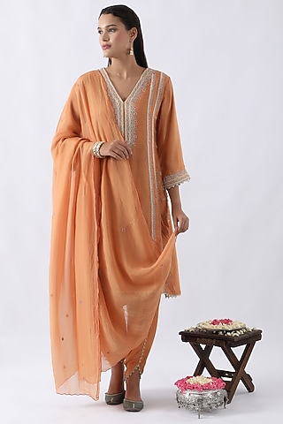 Tangerine Orange Bemberg Silk Dori & Thread Embroidered A-Line Kurta Set by Nemaani