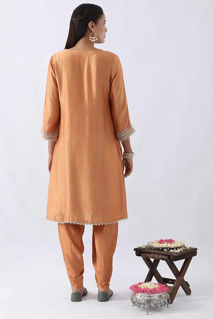 Tangerine Orange Bemberg Silk Dori & Thread Embroidered A-Line Kurta Set by Nemaani at Pernia's Pop Up Shop