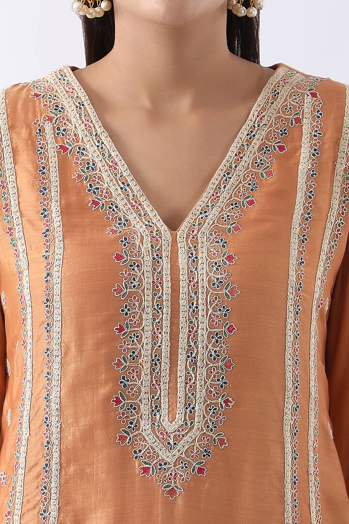 Tangerine Orange Bemberg Silk Dori & Thread Embroidered A-Line Kurta Set by Nemaani at Pernia's Pop Up Shop