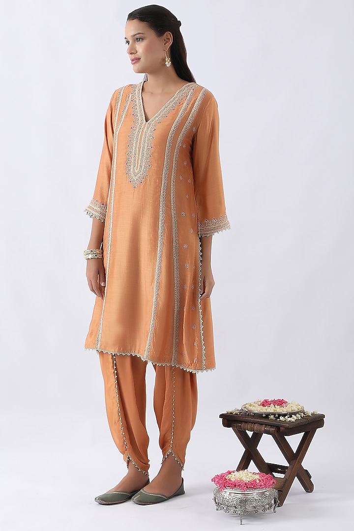 Tangerine Orange Bemberg Silk Dori & Thread Embroidered A-Line Kurta Set by Nemaani at Pernia's Pop Up Shop